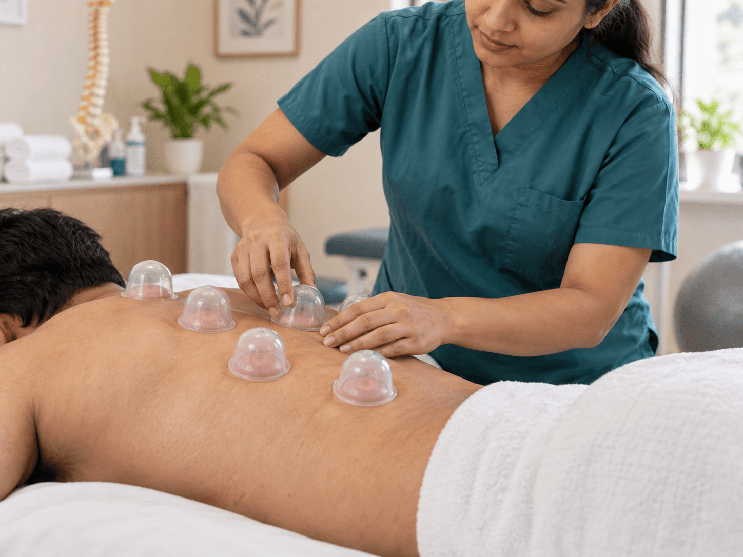 A physiotherapist providing professional dry cupping therapy at C7Physio